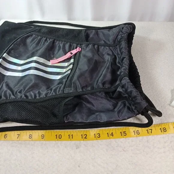 Adidas Drawstring Backpack Black Pink 3 Stripe Gym Sack Bag Medium - Picture 7 of 15